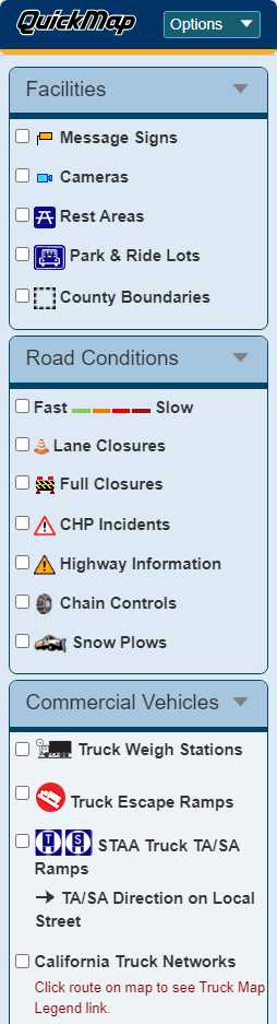 Image of traffic map check boxes from left column of Caltrans QuickMap page.