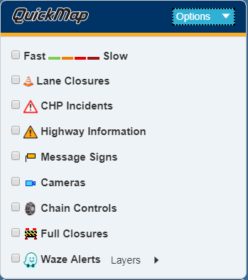 Image of traffic map check boxes from left column of Caltrans QuickMap page.